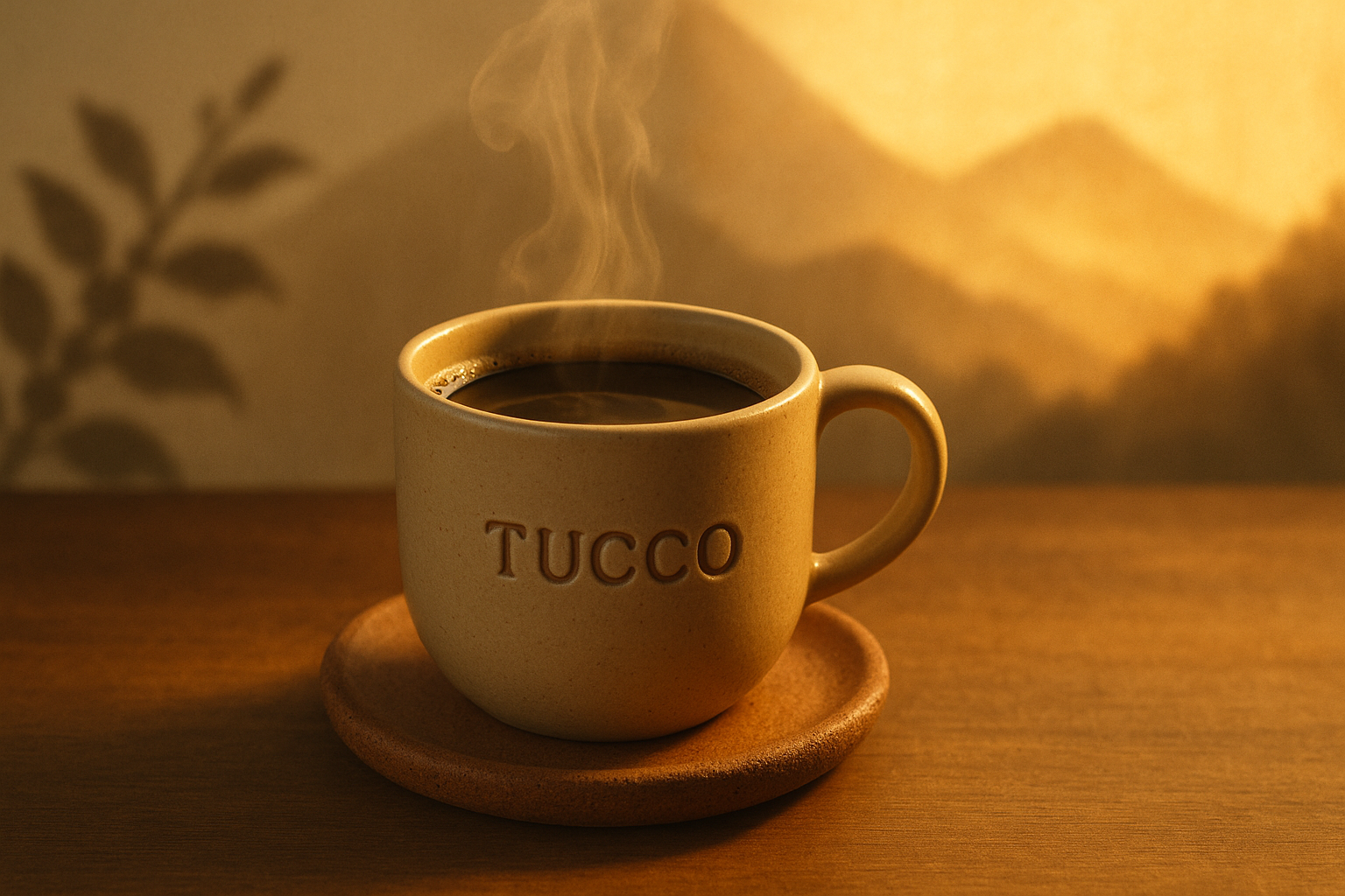 Steaming coffee cup labeled 'TUCCO' on a wooden surface with a warm, blurred background
