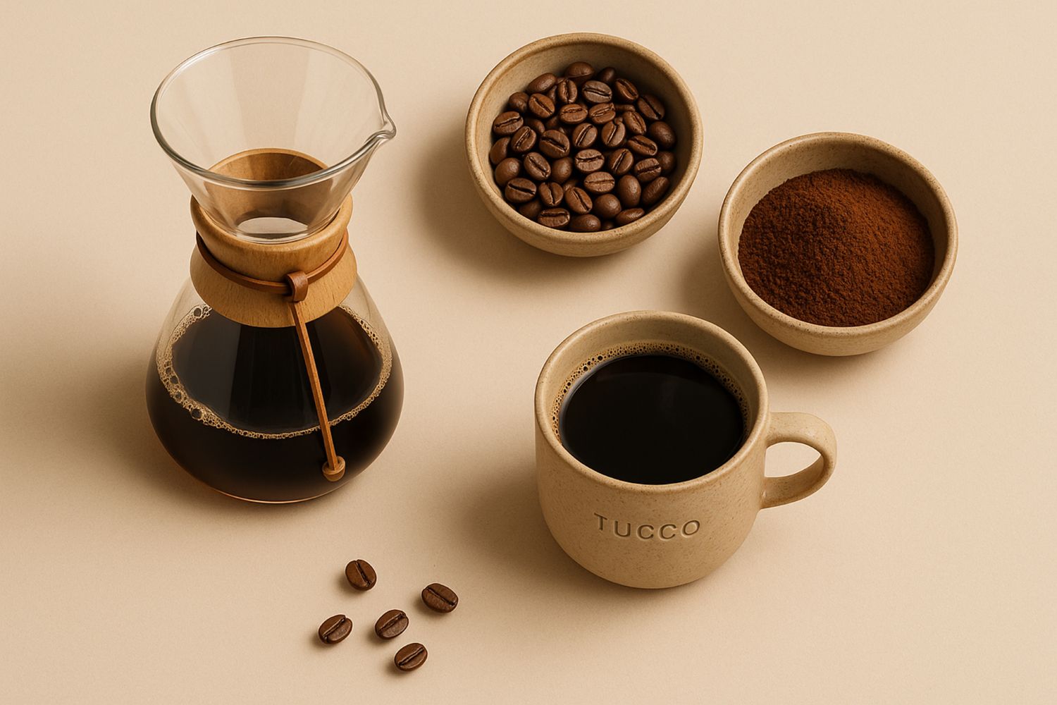 Coffee-making setup with a Chemex, coffee beans, and Tucco mug on a beige background