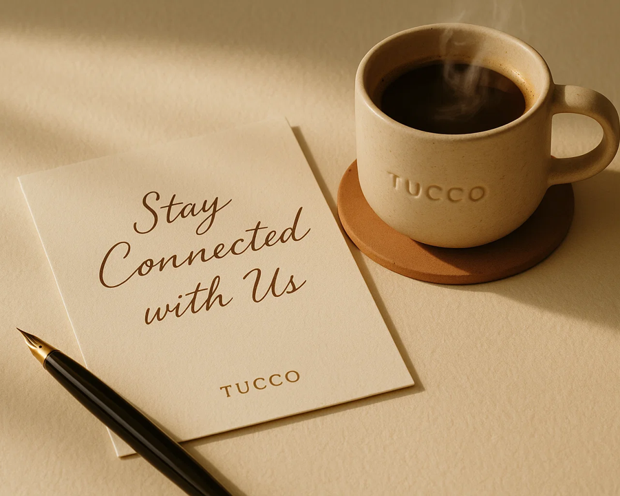 Ceramic cup with steam, pen, and card on a beige surface with 'TUCCO' branding.