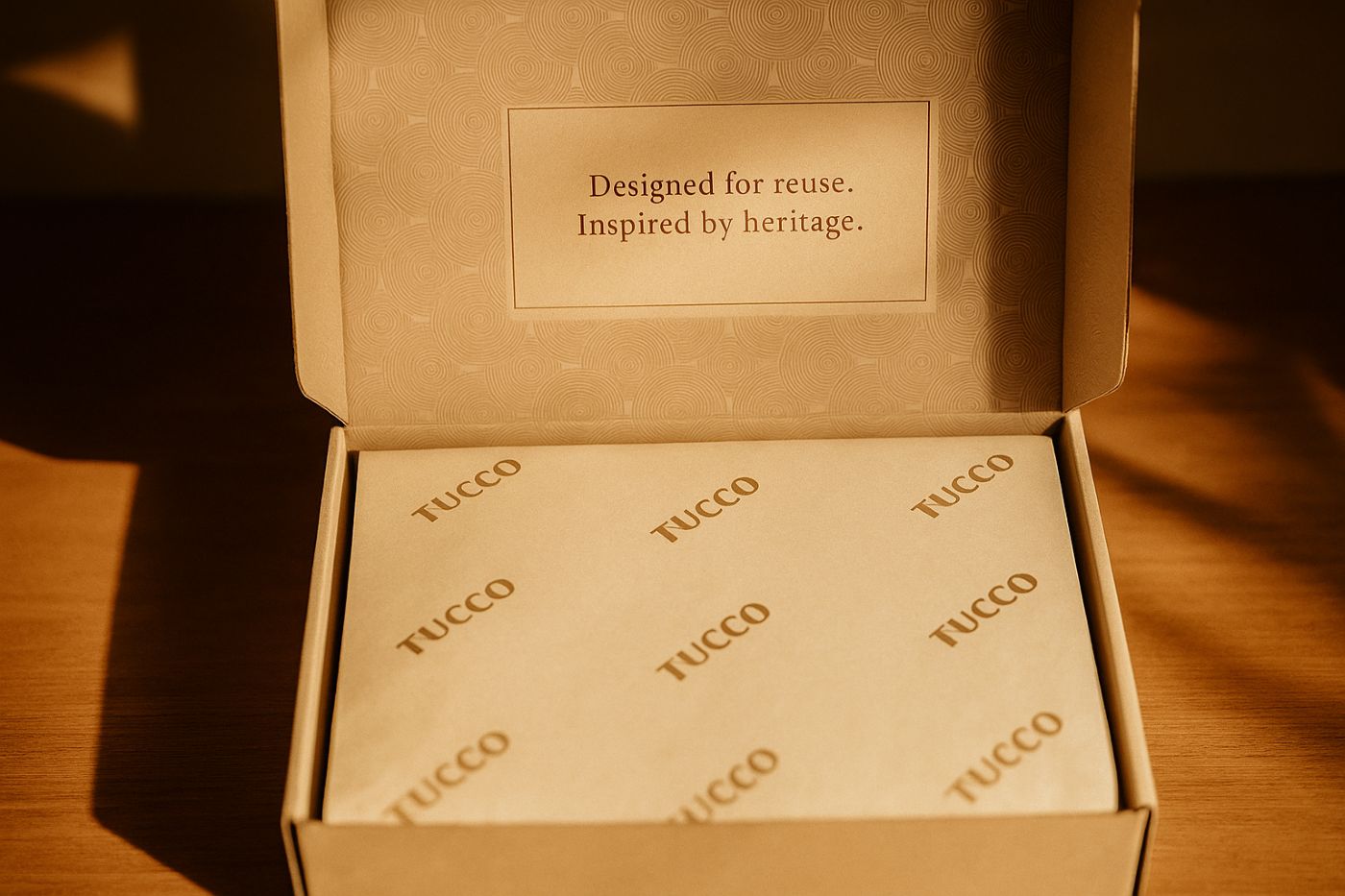 Open cardboard box with Tucco branding and text on a wooden surface