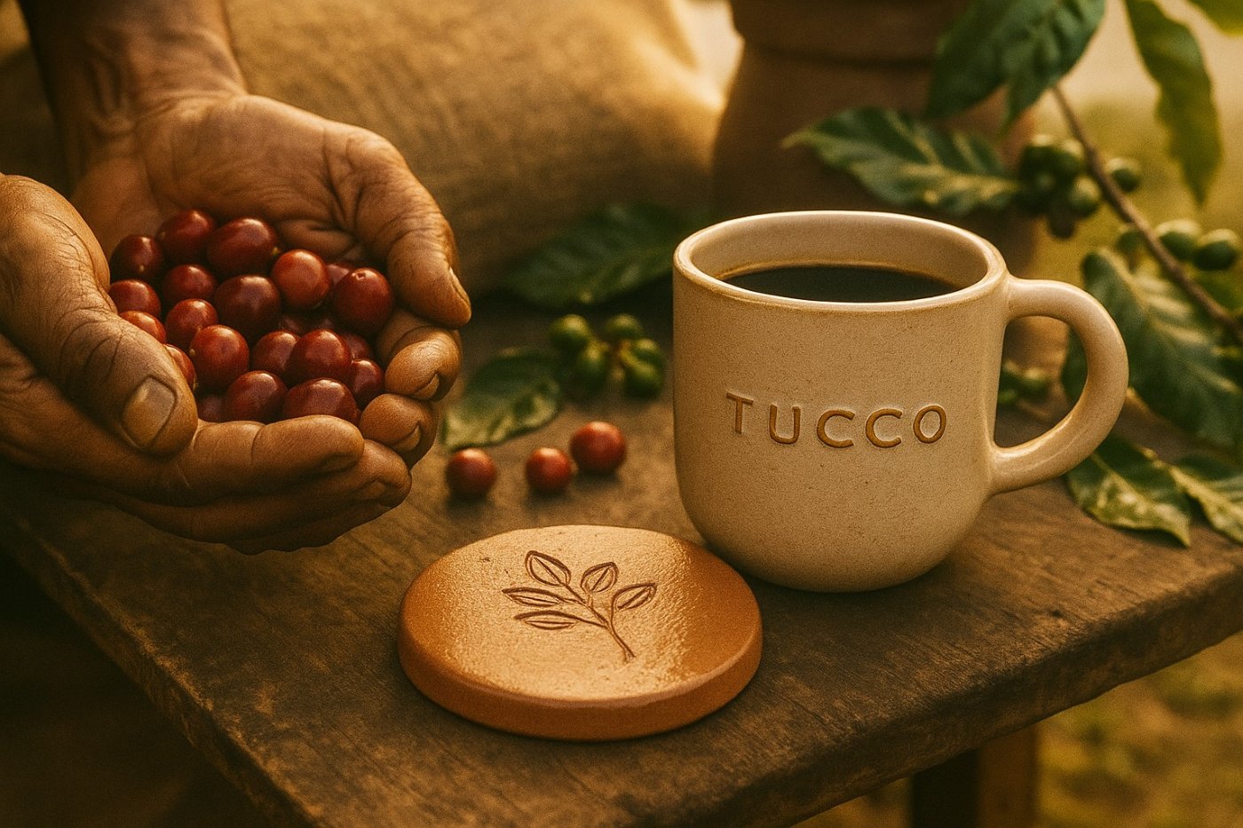 Hands holding ripe coffee cherries beside a Tucco ceramic mug — symbolizing Colombian heritage and craftsmanship.
