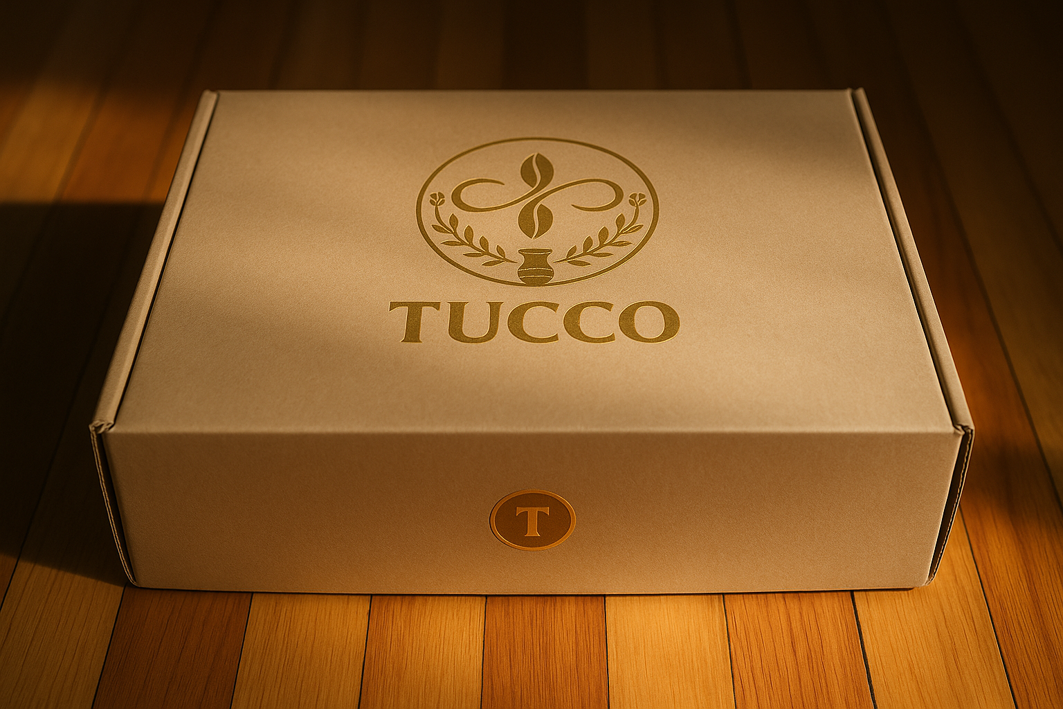 Tucco eco-luxury corporate gift box with embossed gold logo on kraft packaging, photographed in soft natural light.
