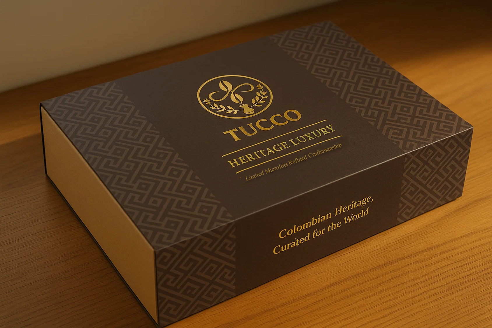 Tucco Heritage Luxury coffee gift box with “Colombian Heritage, Curated for the World” inscription in metallic gold.