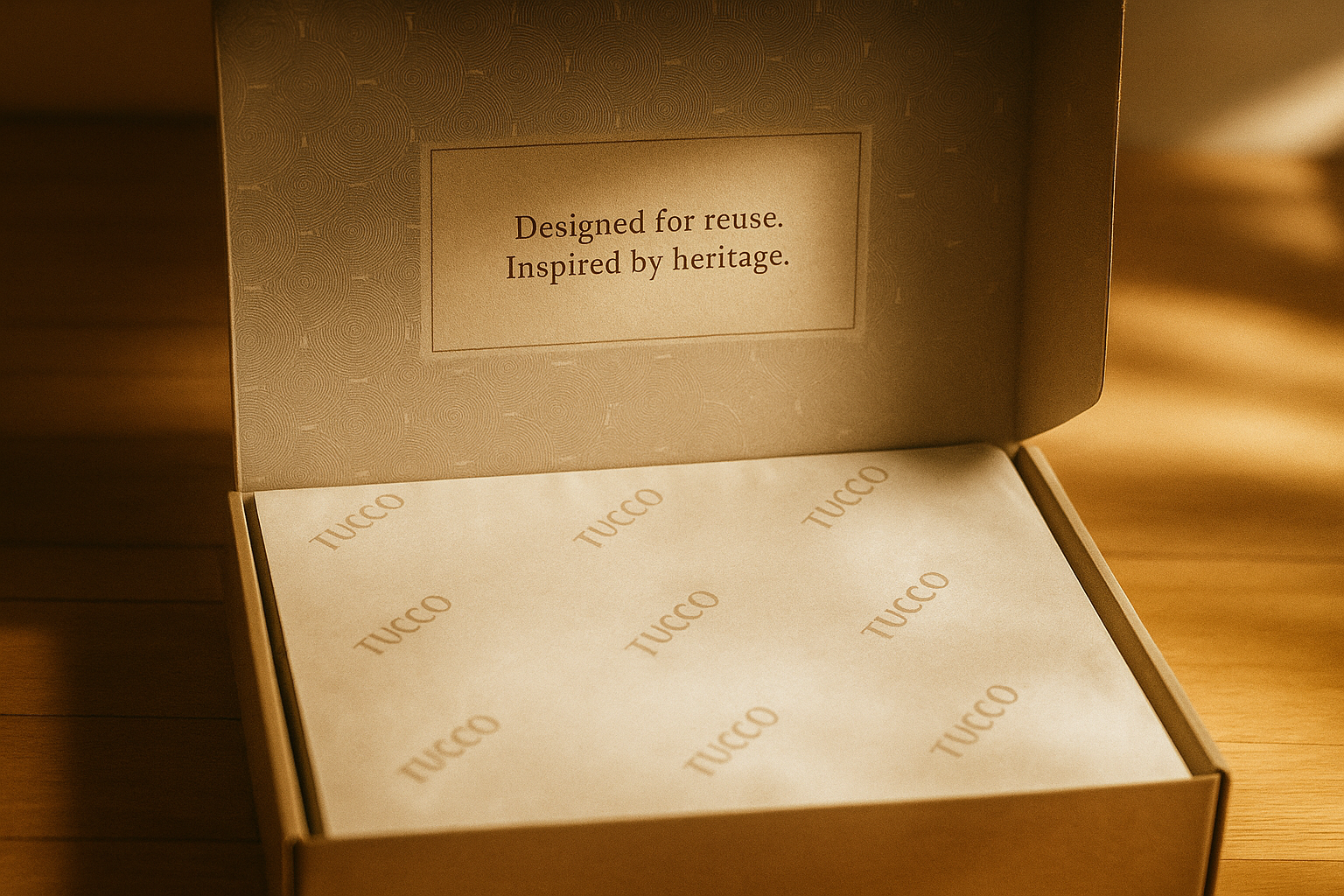 Inside of Tucco sustainable gift box printed with “Designed for Reuse. Inspired by Heritage.” message on kraft material.